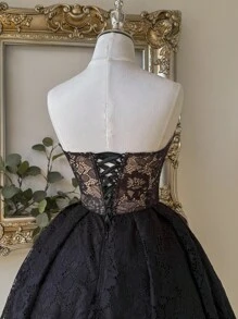 Lovelzi Elegante, romántico, de moda, de malla, negro, tela de encaje, espina de pescado, adecuado para vacaciones, discoteca, fiesta, resort, fiesta de cóctel, registro, vestido de gala, Día de San Valentín - Negro - Ver 6