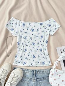 SHEIN 少女夏季白色花朵露肩休闲日常T恤，居家，学校花朵T恤 - 藍白色 - 查看 2