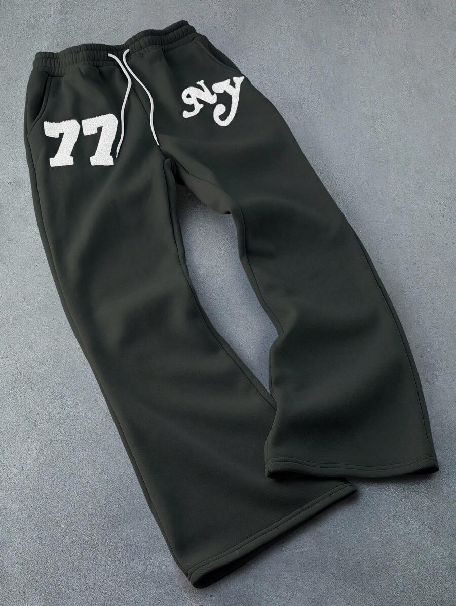 PAVTROS Manfinity Streetrush Men's Light Color New York Letter 3D Embroidered Sweatpants - Dark Grey - View 1