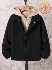 SHEIN Lässige Farbblock-Kapuzenjacke mit Reißverschluss für Teenager-Jungen, Winter, Y2k, Abschluss, Schulanfang, Cord-Oberbekleidung, Herbst/Winter schwarze Kapuzenjacken für Teenager-Jungen - Verschiedenfarbig - Übersicht 3