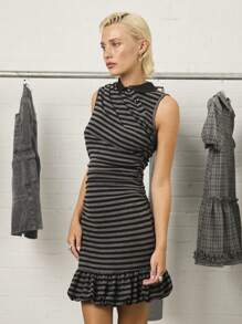 COUREZ Vestido mini con cuello retorcido y bajo con volantes / Ropa de otoño Y2K para mujer, ropa de calle, vacaciones, salidas, vestido de salida, ropa de calle