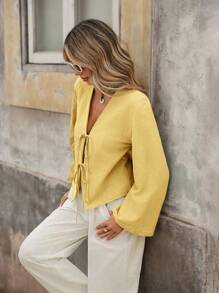 Brillora Women's Loose Fit Woven Flared Long Sleeve Casual Shirt,For Summer Vacation, Women Summer Clothing,Cute Summer Top,European Summer - Yellow - View 6