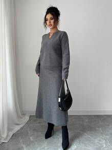 Elenzga 女士秋冬阿尼乌苏秋季上衣节日独立日灰色音乐演唱会复古教师斯德哥尔摩优雅百搭针织毛衣和裙子2件套 - 灰色 - 查看 5