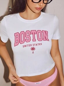 Ins Style Casual Text Print Comfortable Short T-Shirt, Women Sleepwear Top