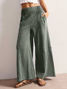 Bohemela Quần ống rộng dệt kim màu trơn đơn giản cho nữ đã giặt - xanh quân đội - Xem 1