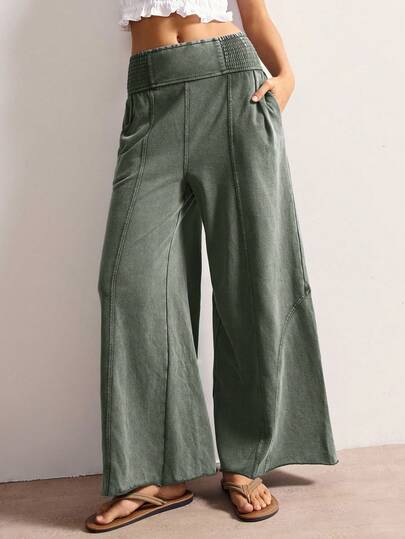 Bohemela Women's Casual Solid Color Knit Loose Wide Leg Washed Pants Women Wide Leg Pants Green Pants For Women Smocked Waist Pants,Fall