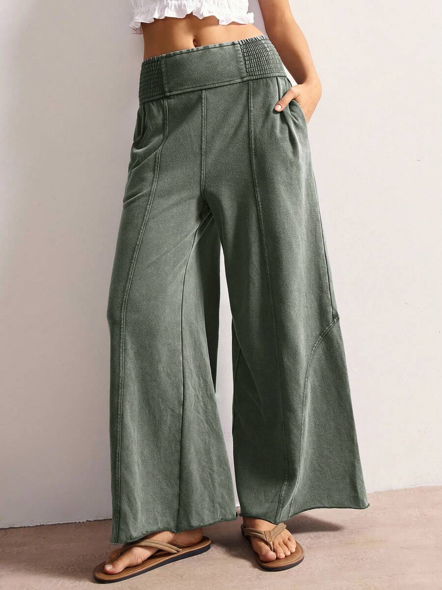 Bohemela Quần ống rộng dệt kim màu trơn đơn giản cho nữ đã giặt - xanh quân đội - Xem 1