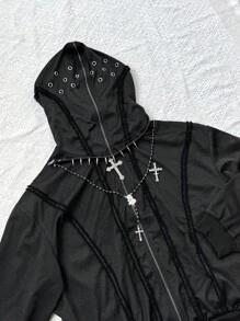 Sunspun 大码女式秋冬开襟连帽夹克，带索环，系带，流苏饰边，复古朋克休闲黑色夹克 - 黑色 - 查看 6