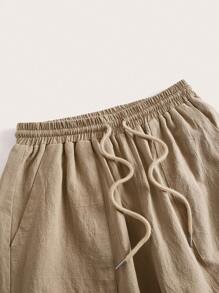 SHEIN EZwear Drawstring Waist Wide Leg Pants - Khaki - View 3