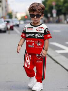 SHEIN 2 件套年轻男孩休闲时尚赛车运动风格图案印花圆领短袖 T 恤和裤子，适合赛车运动