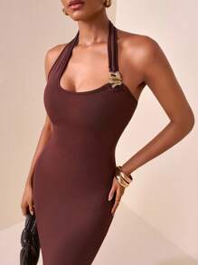 Zivah Women's Dark Brown Chic Summer Maxi Dress,Halter Neck Backless Bodycon Fishtail Hem Long Dress For Date Night,Front Metal Buckle Decor Ruched - Brown - View 1