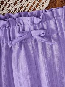 SHEIN 女童度假休闲碎花宽松T恤+梭织纹理宽松裤套装 - 紫色 - 查看 5