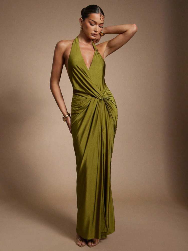 Hauture Vestido largo de satén verde oliva con escote halter cruzado al frente para salir de noche en verano - Verde - Añade 3