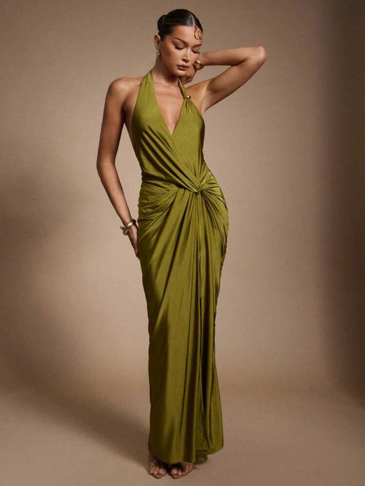 Hauture Vestido largo de satén verde oliva con escote halter cruzado al frente para salir de noche en verano - Verde - Añade 3