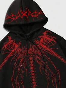 ROMWE MEN Goth Men's Drop Shoulder Long Sleeve Drawstring Hoodie, Loose Fit Fleece Sweatshirt , Fall Winter - Black - View 4