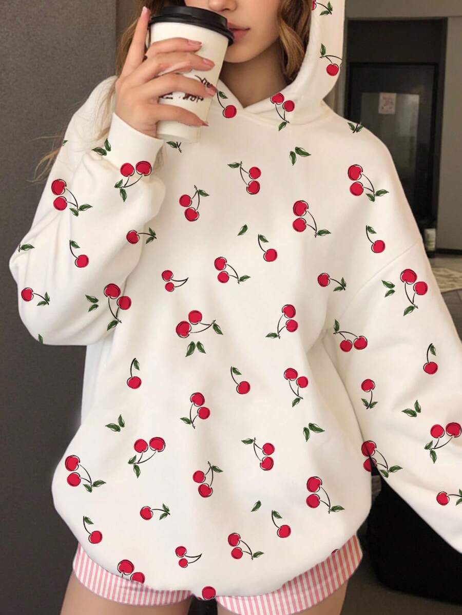 SHEIN Leap Crew 青少年女孩乳白色復古迷你櫻桃圖案休閒寬鬆舒適運動衫,適合秋季,可愛甜美16歲,圖案運動衫,秋季返校穿搭 - 彩色 - 查看 1