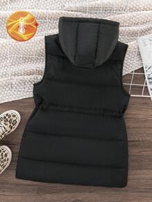 Sparklyn Tween Girls' Hooded Cinched Waist Padded Vest, Mid-Length Zipper, Sleeveless Jacket, Versatile For Autumn/Winter Fall - Black - View 2