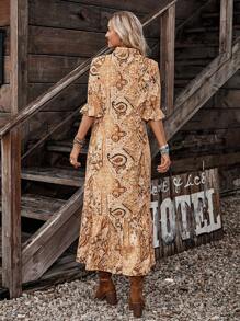 LanaWest Váy dài tay in họa tiết phong cách Bohemian dành cho nữ, Đầm tua rua Boho dành cho nữ, Đầm dài tay lửng, cổ bẻ, tay lửng, dáng rộng, nhiều màu, in họa tiết Paisley, đầm dài cho nữ, mùa xuân/thu, trang phục thường ngày, đầm maxi cho nữ - Nhiều màu - Xem 2