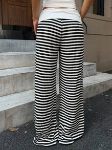SHEIN EZwear Fall Clothes For  Women's Black And White Contrast Striped Casual Loose Straight Pants Business Casual Women - Multicolor - View 2