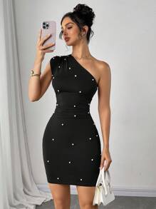 Firerie Đầm ôm body ngắn xếp nếp đính ngọc trai giả màu trơn dành cho nữ - màu đen - Xem 3
