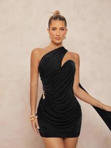 Lumalex Metal Decor Asymmetrical Ruffle Drape Bodycon Mini Dress For Women - Black - View 1