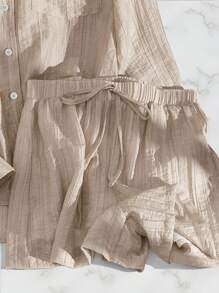 Airaco Bộ 2 món/Bộ trang phục thường ngày lấp lánh kim sa dành cho nữ, áo sơ mi nhẹ, đa năng & quần short ống rộng, mùa hè - Cà phê nâu - Xem 4