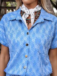 LanaWest Women's Denim Effect Print Shirt + Pants Countryside Casual Daily 2 Pieces Set - Blue - View 6