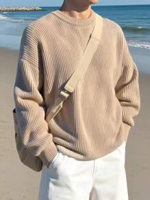 Sweter z prążkowanej dzianiny w jednolitym kolorze dla chłopców, swobodny, z okrągłym dekoltem - Morela - Zobacz 7