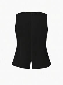 SHEIN EZwear Plus Size Black Sleeveless Casual Waist Coat Vest For Holiday, Spring/Summer,Business Casual Woman Graduation,Back To School,Teacher Outfits For Women In Fall/Winter