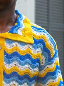 Manfinity Homme Men's Wave Striped Short Sleeve Single-Breasted Casual Knit Top - Mustard Yellow - View 4