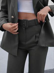 EURMUSE Women's Solid Color Double-Breasted Jacket And Pants Suit Set - Dark Grey - View 6