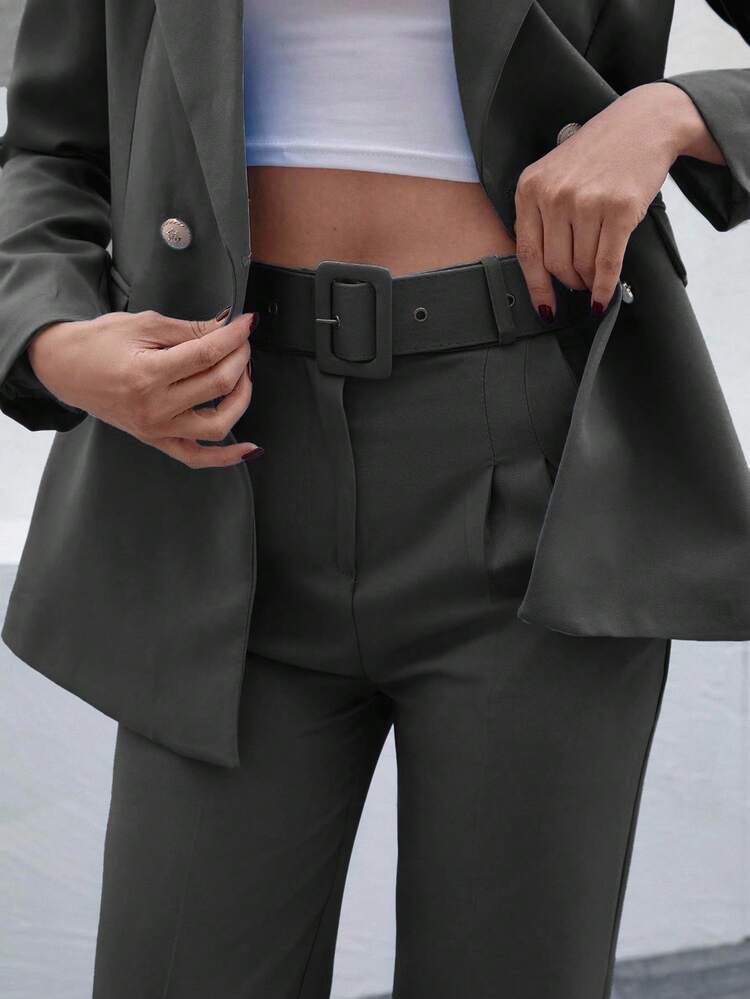 Women's Solid Color Double-Breasted Jacket And Pants Suit Set - Dark Grey - View 6