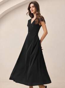 BizChic Elegant Black Summer One-Piece Dress For Women,Woven Lace V-Neck Dining,Business,Casual,Daily,Holiday,Wedding Guest,Music Festival,90s Vintage Style - Black - View 5