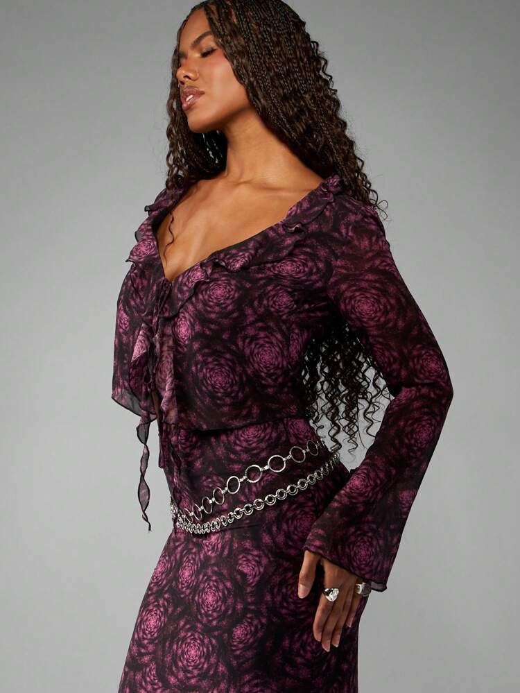 MISSGUIDED Top court à manches longues avec volants, imprimé floral rose. Style bohème pour soirée, club, festival. Avec fermeture à nœud devant. Mode automne
