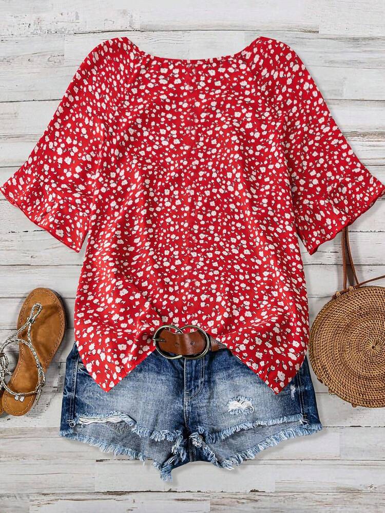 SHEIN LUNE Women's Ditsy Floral Casual Vacation Short Sleeve Shirt - Red - View 2