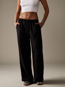 MISSGUIDED 宽腿亚麻质感长裤，松紧腰抽绳阔腿裤，轻盈休闲宽松夏季海滩度假装，高腰飘逸裤