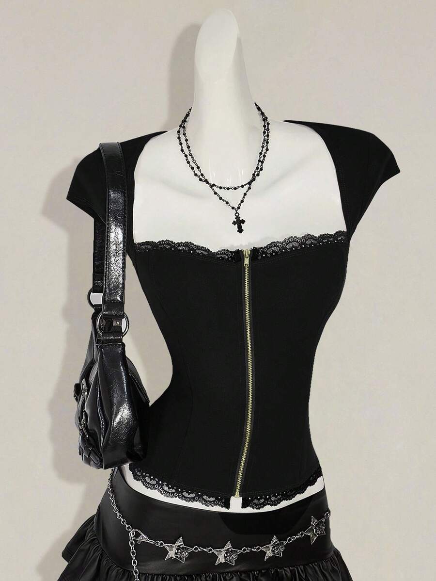 SHEIN ICON Y2k Summer Going Out Burgundy Goth Women's Casual Zipper Crew Neck T-Shirt, Minimalist & Fashionable, Suitable For Summer - Black - View 1