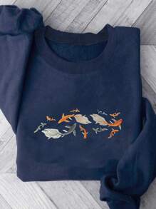 Women's Round Neck Drop Shoulder Long Sleeve Koi Fish Colorblock Embroidered Sweatshirt Pullover Fall - Navy Blue - View 3