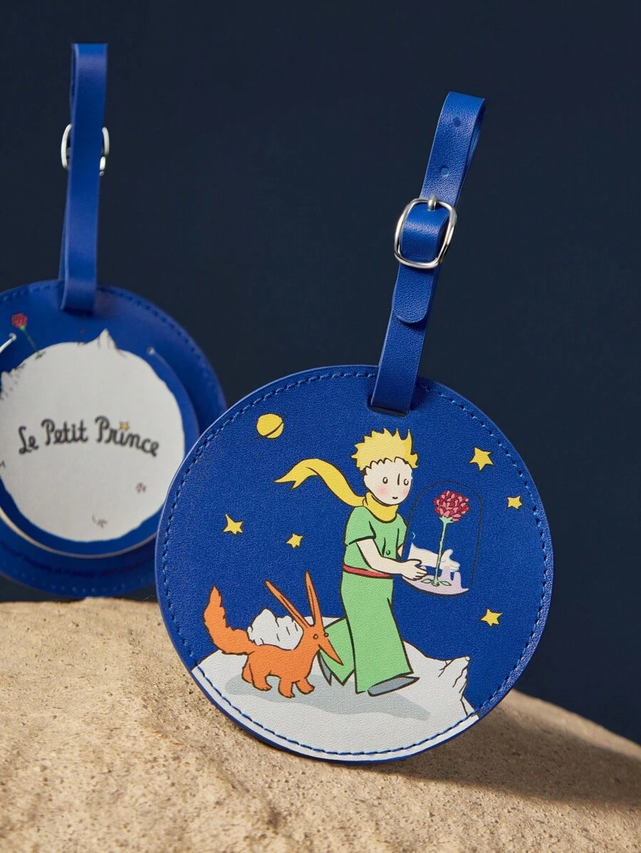 LE PETIT PRINCE X SHEIN 1 件 PU 皮革卡通印花行李牌,带私人信息区,适合挂在行李箱/旅行包上,适合男士、女士、青少年、旅行、玫瑰、爱情、月亮和星星 - 藍色 - 查看 1