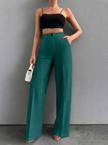 EURMUSE Women Solid Color Button Front Straight Leg Pants - Green - View 5