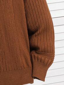 SHEIN 青少年男童休闲纯色圆领纹理针织毛衣上衣，简约百搭，适合通勤、上学、日常休闲、度假、户外、大学派对、秋冬 - 棕色 - 查看 7