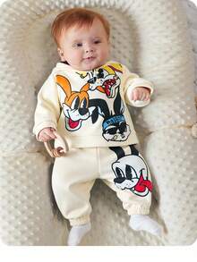 SHEIN 2 件套新生男婴/女婴可爱卡通图案长袖运动衫和松紧腰长裤套装，适合儿童返校休闲装、日常装、旅行装、运动装、秋冬装 - 彩色 - 查看 9