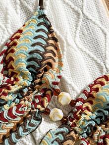 Swim SXY 2025 夏季时尚纹理面料性感可爱石珠装饰波西米亚印花吊带比基尼两件套女式泳衣 - 彩色 - 查看 6