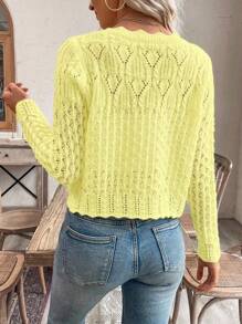 SHEIN PETITE Women's Round Neck Hollow Front Button Cardigan, Autumn/Winter Knitted Casual Spring Fall Cardigan - Yellow - View 2