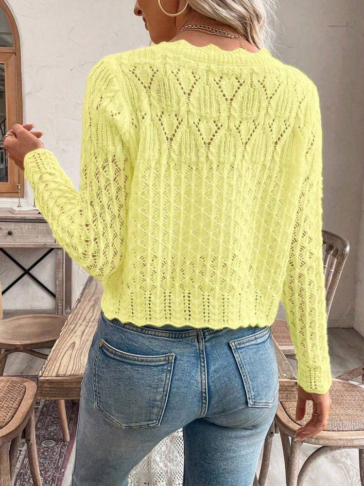SHEIN PETITE Áo khoác cardigan nữ cổ tròn, khoét lỗ phía trước, cài nút, thích hợp mặc mùa thu/đông. - Màu vàng - Xem 2