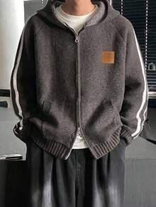 DAZY Men's Zip-Up Hoodie Cardigan With Brown Patch, Autumn Jacket - Brown - View 3