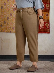 EMERY ROSE Plus Paperbag Waist Mom Fit Jeans - Khaki - View 1