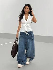 StreetHx Women's Street Style Fitted Solid Color Shirt, Casual Metal Decor - White - View 5