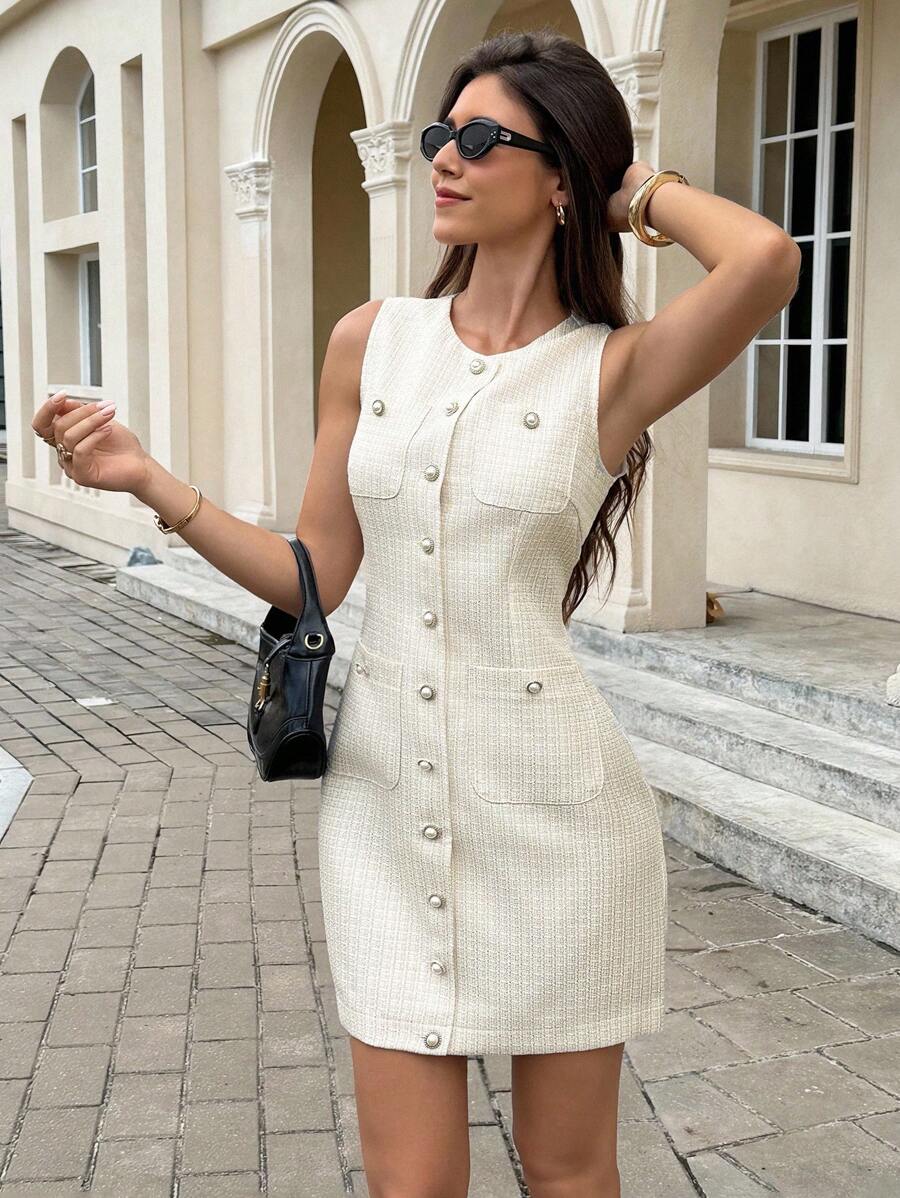 Serisse 女士休闲优雅仿珍珠纽扣粗花呢连衣裙，适合派对、秋季、冬季等各种场合，包括休闲、正式优雅场合，款式优雅大方，也适合夏季穿着，例如白色毕业礼服、日常穿着、外出、度假、教师装、商务休闲女装、早午餐装、办公室服装、万圣节服装、返校节礼服等。 - 杏色 - 查看 1