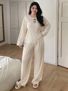 Dazy Plus 大码女式蝴蝶结装饰撞色蕾丝波点宽松睡衣套装，上衣和裤子，舒适套装，秋冬服装 - 白色 - 查看 3